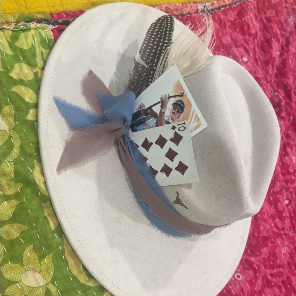 Custom Felt Hat with Playing Cards and Feathers